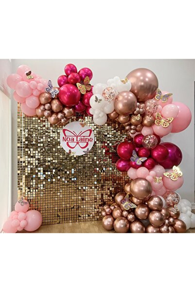 MP Mirific Party Set 228 baloane, tip arcada cu fluturasi roz si rosegold