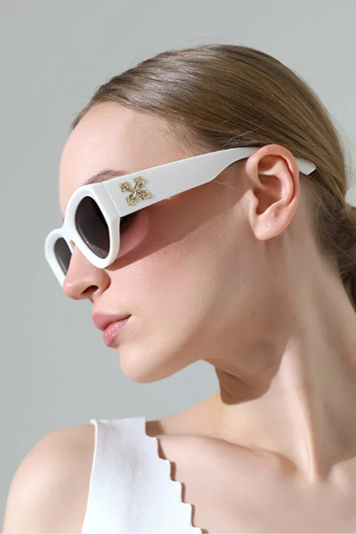 Violon Women's Oval White Frame Black Glass Sunglasses with Gold Detail