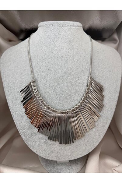 ZS Aksesuar Silver Color Tassel Detailed Statement Necklace with Metal Strip ...