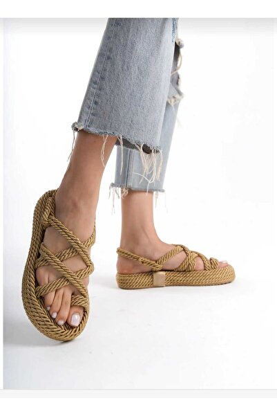 BARAK SHOES Γυναικεία χρυσά σανδάλια από σχοινί με ψάθινη πλεκτή σόλα, καλοκα...