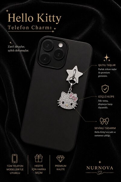 ZZ 3004 Premium Zirkon Taşlı Hello Kitty Figürlü Lüks Telefon Charmi - Silver...