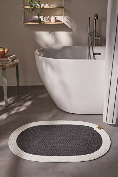 Cool Halı Glenn Oval Banyo Paspası Antrasit Krem Yıkanabilir Çift Taraflı El ...