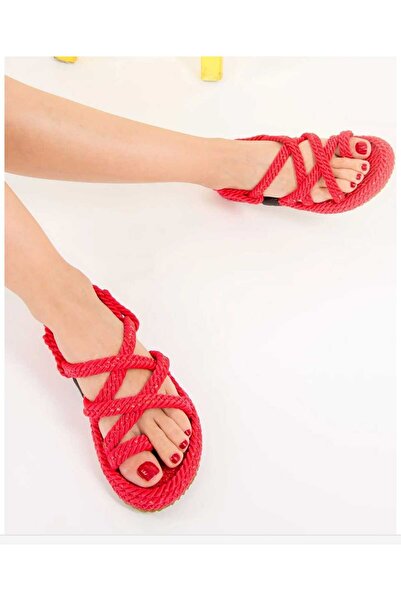 BARAK SHOES Kadın Kırmızı Renkli Halat Yazlık Sandalet