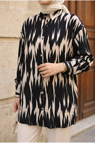 Kirazca Butik Women's Patterned Shirt Collar Tunic Long Sleeve Comfortable Fi...