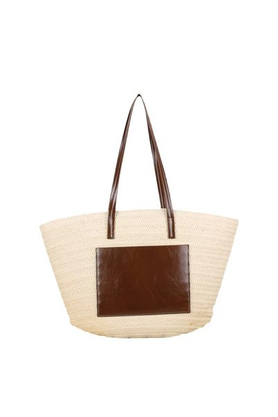 Generic Minimal Solid Straw Woven Tote Bag PU Patch Large Capacity Summer Beach Shoulder Bag