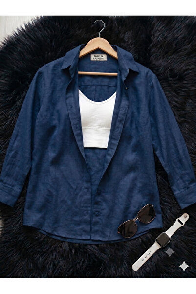 thefun fashion Women's Oversize Cut Woven Linen Long Sleeve Navy Blue Shirt 1...