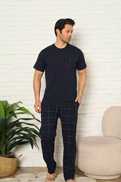 ALİMER Men's Pajama Set - Navy Blue Checkered Short Sleeve Combed Cotton 1223Ky