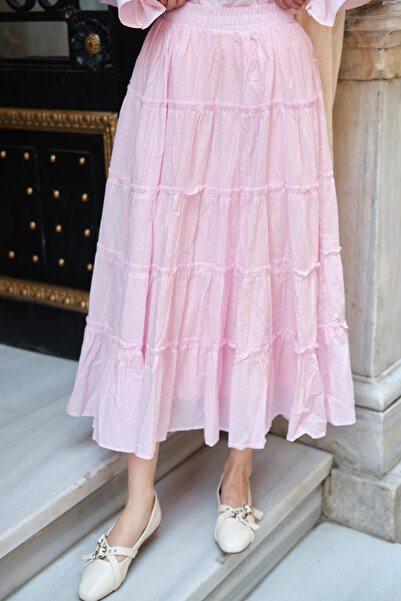 LOCCO Women's Skirt with Sewing Details and Elastic Waist in Pink