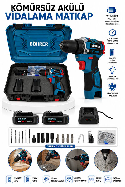 BÖHRER PRO 12V 2AH DEMİR MANDREN ÇİFT AKÜLÜ DARBELİ VİDALAMA MATKAP