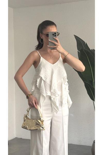 asfamoda Women's White Volan Detailed Strappy Blouse Loose Chiffon Look Ruffl...