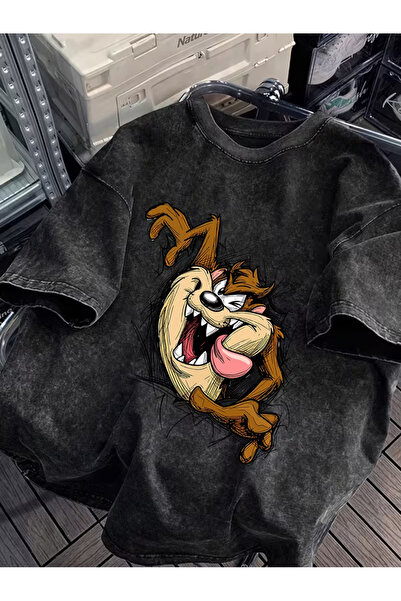 Toum Tasmanian Devil Printed Unisex Washable Vintage Oversize T-Shirt