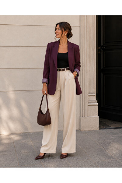 H&G Giyim D&L Boutique Kadın Bordo Oversize Blazer Ceket