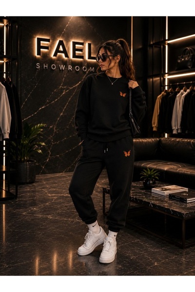 FAEL LİFE Unisex Wide Cut Zero Neck and Sweatpants Orange Butterfly Printed Set