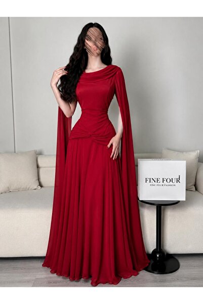 Fine Four Red Evening Dress with Sleeves