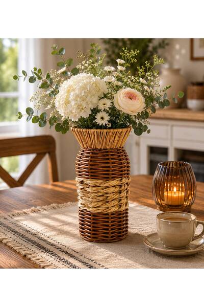 s elsa home Rattan Çok Amaçlı Dekoratif Örgü Vazo 19 Cm