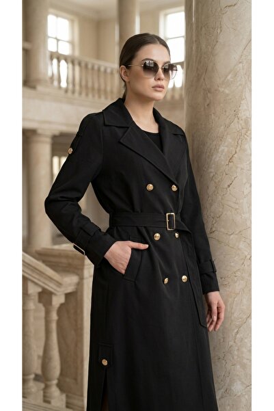 RABİA gold düğmeli yandan yırtmaçlı pamuklu kap trenckot