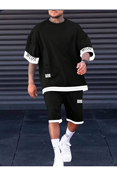 VESTIR BIEN Oversize Wi̇at Printed Black-Navy Blue Sleeveless White Shorts wi...
