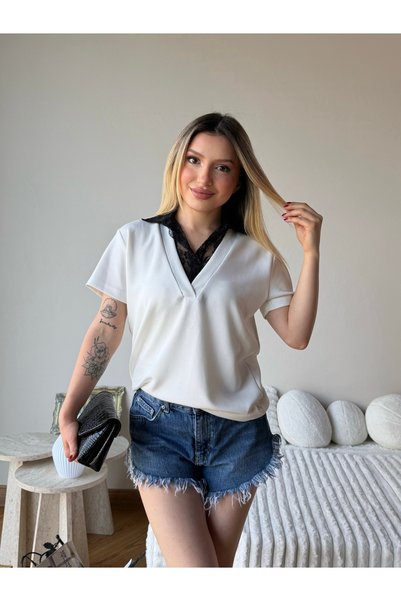 MODAMERSİ Women's White Lace Collar Detailed T-Shirt