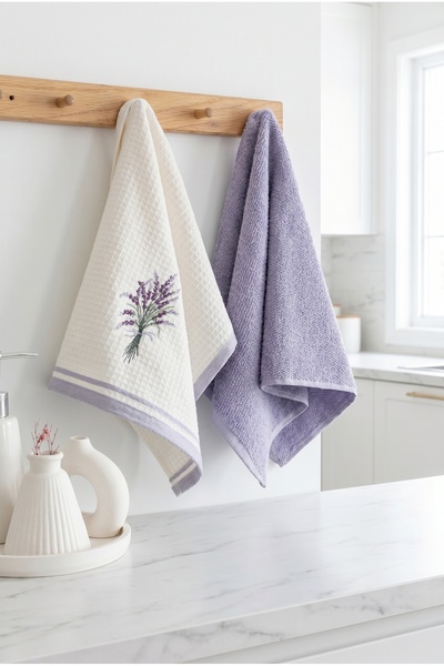 Sevim Set 2 prosoape brodate - 100% bumbac cu model lavandă - 40x60 cm - Liliac