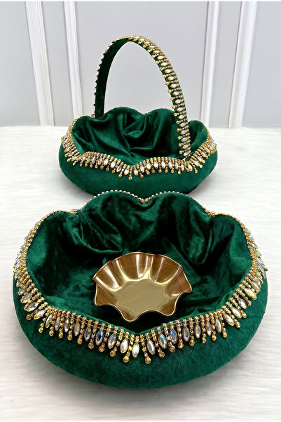 ZEYMERADE Emerald Green Bridal Henna Night Tray Basket Set, Velvet Large Shin...