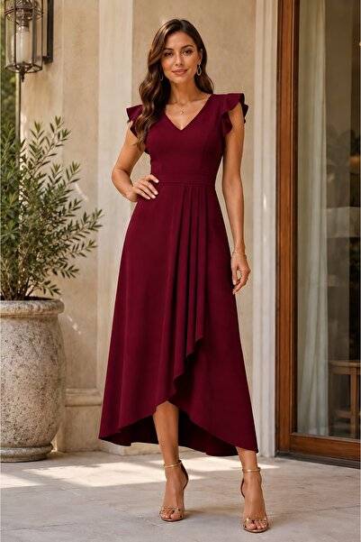 By BAYANA Women's V-Neck Flounce Pleated Midi Length Stylish Dress