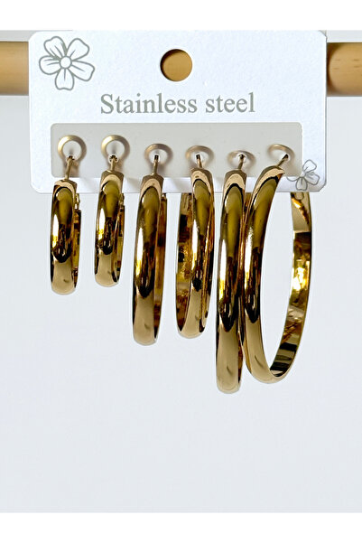 staınless steel 3 Boy 3 Çift Düz Formlu Halka Çelik Küpe Seti (Kararmaz/Pasla...
