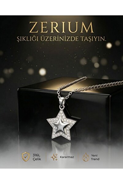 ZERİUM Double Layer Star Women's Steel Necklace Silver Color Zircon Stone 45 cm