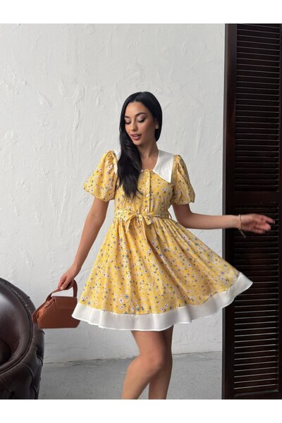 REELMODA Women's Garnished Balloon Sleeve Patterned Cotton Summer Dress