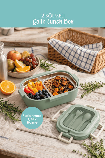 Paslanmaz Çelik Lunch Box - Taşınabilir Çatal Bıçaklı Bölmeli Yemek Kabı