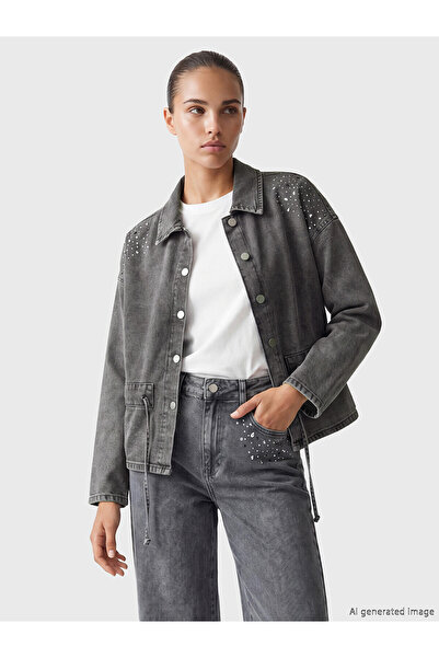 LC Waikiki Nevavm Women's Jean Jacket with Stone Collar and Distinctive Details