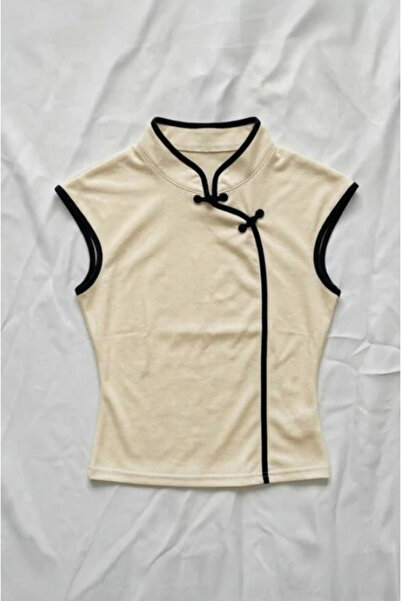BALİNA Ekru Mandarin Yaka Siyah Şeritli Qipao Y2K Kısa Kollu Crop