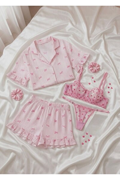 Lorinyo Pink 2-Piece Set: Bow Patterned Pajama Set & Tiny Heart Patterned Und...