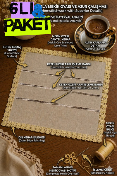 Lurji Set od 6 tanjira za kafu sa šlep čipkom | Linen tkanina, ručno izrađeni...