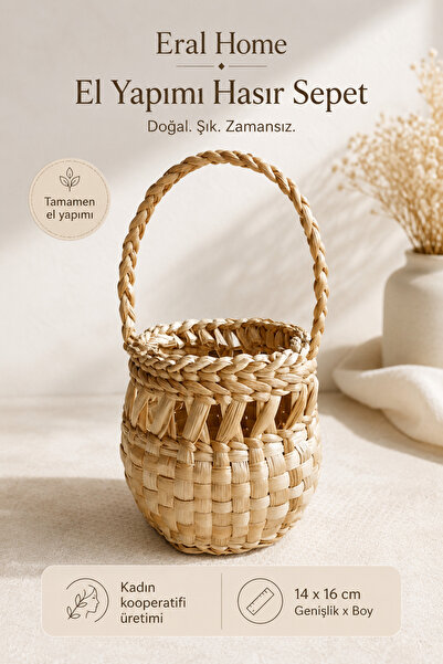 SS ERAL KOOP Dekoratif El Yapımı Doğal Hasır Organizer Ajda Sepet 14 x 16 cm