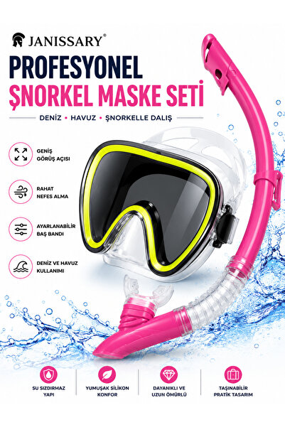 Janissary L1S Pembe Profesyonel Şnorkel Maske Seti – Temperli Cam Dalış Maske...