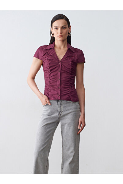 Dilvin 50546 %100 Pamuk Büzgülü Poplin Top-Bordo