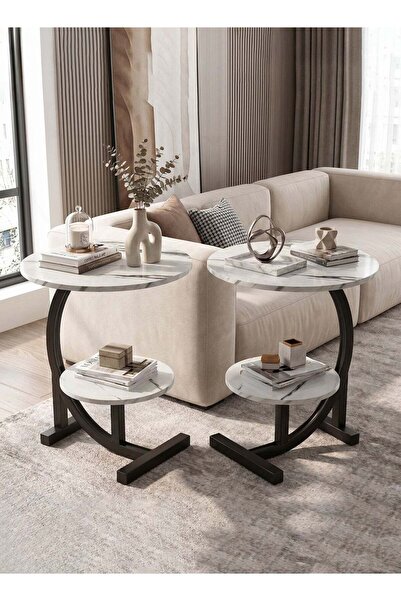 Taimi 2-pieces 2-Tier C-Shaped Side Table - Wooden Top and Metal Frame, White...