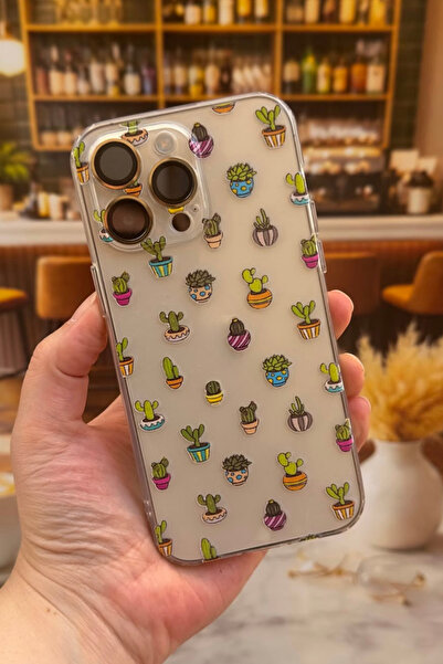 Vip Case Iphone 13 Pro Max Uyumlu Kaktüs Desenli Şeffaf Darbe Emici Kamera Ko...