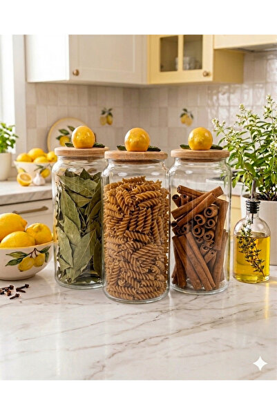 Kare Home Bambu Kapaklı Vakumlu 3lü Cam Kavanoz Seti (1300 ml) LİMON DETAYLI