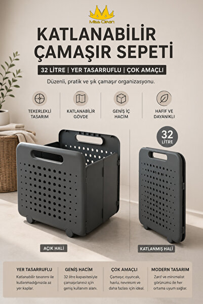 Miss Clean Katlanabilir Çamaşır Sepeti 32 Litre Yer Tasarruflu Çok Amaçlı Düz...