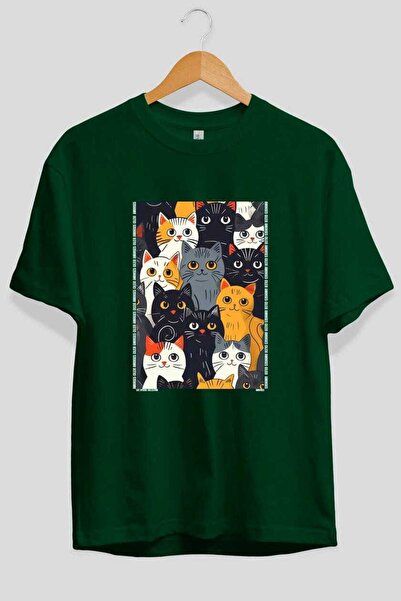Ankhises For the Love of Cats 27 Front Cat Printed Green Oversize T-Shirt 100...
