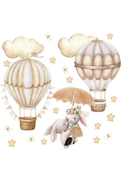 Naklejkomania Wall Stickers For Kids, Bunnies, Clouds, Balloons, Beige, 120 x...