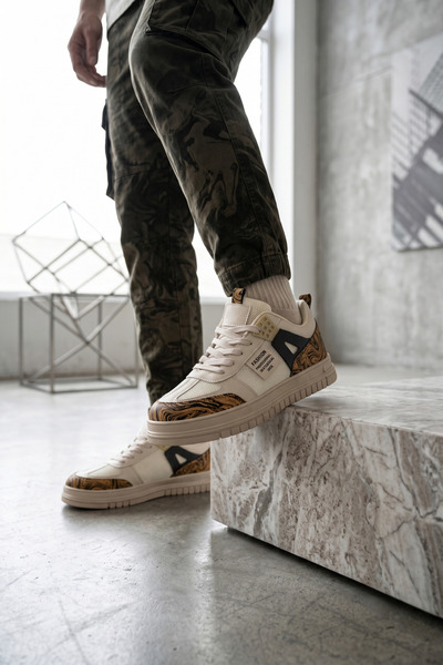 Moda Devrin Bej Modern Tasarım Mermer Desenli Unisex Kaymaz Taban Sneaker Aya...