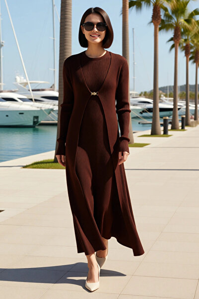 BENERLY Women's Plus Size Long Sleeve Ribbed Knitwear Dress Cardigan Set Buck...