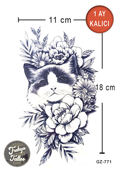 Trakya Tattoo 1 Ay Kalıcı Dövme Yarım Kol Kedi Çiçek Geçici Dövme