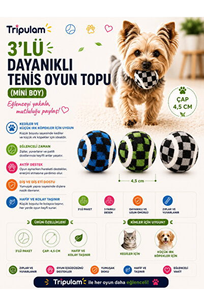 TRİPULAM 3’lü Desenli Mini Tenis Topu – Kedi ve Küçük Irk Köpek Oyuncak Topu ...