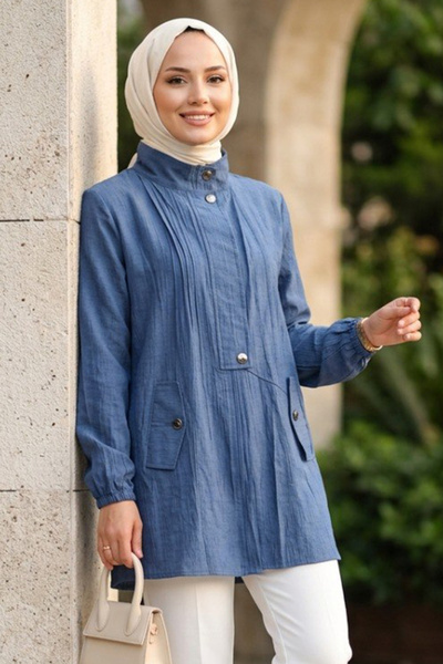 N.S NEVA STYLE تونيك إسلامي باللون الأزرق النيلي مع سحاب أمامي 15291IM