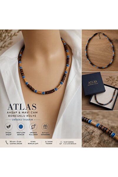 Sinem Şanlı Atelier Atlas Wooden Beaded Blue Glass Detailed Unisex Necklace 5...