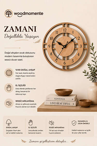 woodmomente Ahşap Duvar Saati 40x40 cm Kayın Panel Sessiz Mekanizma