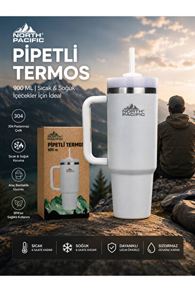 North Pasific North Pacific 900 ML Pipetli Termos Bardak Beyaz Paslanmaz Çeli...